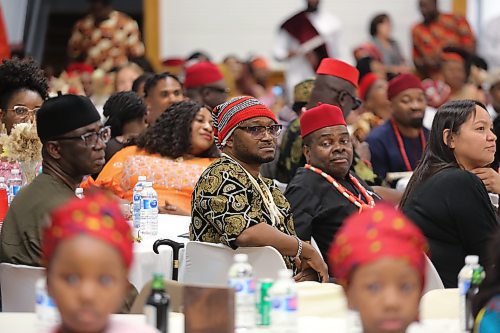 Members of Brandon’s Igbo community take a seat at the Ukrainian Reading Association Hall Saturday afternoon for the inaugural Igbo Cultural Day and New Yam Festival. (Kyle Darbyson/The Brandon Sun)