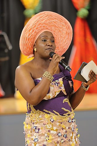 Zizi Onyia, member of Umu Igbo Brandon Association Inc., highlights some of her people’s cultural traditions during Saturday’s Igbo Cultural Day and New Yam Festival at the Ukrainian Reading Association Hall. (Kyle Darbyson/The Brandon Sun)