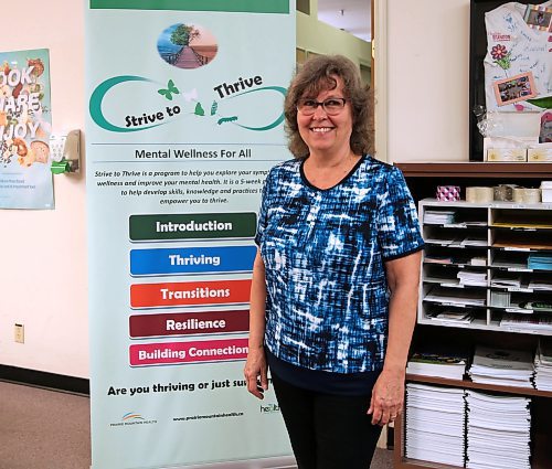 Melanie Hellyer, a healthy living facilitator and community liaison with Prairie Mountain Health, stands in front of a banner promoting the Strive to Thrive program last week. (Michele McDougall/The Brandon Sun)