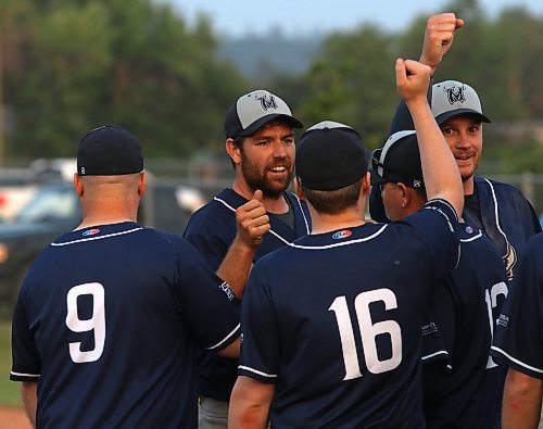 Andrew Richards celebrates with his Minnedosa Mavericks teammates after they upset the Carberry Royals in two games to win their semifinal series during the Santa Clara Baseball League playoffs. Richards was the key in helping bring the squad back to life for the 2023 season after a four-year hiatus. (Perry Bergson/The Brandon Sun)