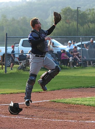 Minnedosa Mavericks catcher Devin Foord, shown jumping to catch a ball, said after the regular season the Mavs could be a handful for their playoff opponents. (Perry Bergson/The Brandon Sun)