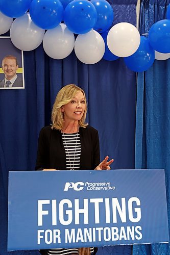 Progressive Conservative provincial campaign co-chair Candice Bergen speaks Tuesday during the grand opening of the PC campaign office for local candidates Len Isleifson (Brandon East), Wayne Balcaen (Brandon West) and Grant Jackson (Spruce Woods.) (Tim Smith/The Brandon Sun)
