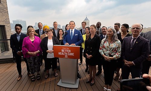 MIKE DEAL / WINNIPEG FREE PRESS
Wab Kinew, leader of the Manitoba NDP, responds to the dropping of the writ during a media event at the West Broadway Commons, 167 Colony Street, Tuesday morning.
230905 - Tuesday, September 05, 2023.