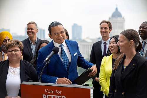 MIKE DEAL / WINNIPEG FREE PRESS
Wab Kinew, leader of the Manitoba NDP, responds to the dropping of the writ during a media event at the West Broadway Commons, 167 Colony Street, Tuesday morning.
230905 - Tuesday, September 05, 2023.