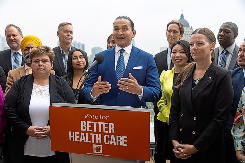 MIKE DEAL / WINNIPEG FREE PRESS
Wab Kinew, leader of the Manitoba NDP, responds to the dropping of the writ during a media event at the West Broadway Commons, 167 Colony Street, Tuesday morning.
230905 - Tuesday, September 05, 2023.