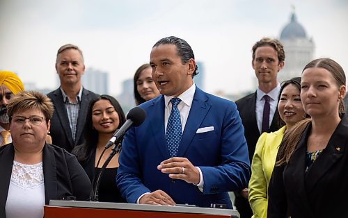 MIKE DEAL / WINNIPEG FREE PRESS
Wab Kinew, leader of the Manitoba NDP, responds to the dropping of the writ during a media event at the West Broadway Commons, 167 Colony Street, Tuesday morning.
230905 - Tuesday, September 05, 2023.