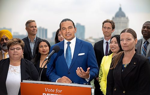 MIKE DEAL / WINNIPEG FREE PRESS
Wab Kinew, leader of the Manitoba NDP, responds to the dropping of the writ during a media event at the West Broadway Commons, 167 Colony Street, Tuesday morning.
230905 - Tuesday, September 05, 2023.