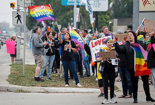 JOHN WOODS / WINNIPEG FREE PRESS
People gather at a rally in support of transgender programming at Louis Riel School Division office on St Marys Road in Winnipeg Tuesday, September 5, 2023. Francine Champagne, a school trustee, was suspended recently for allegedly posting controversial content.
Reporter: macintosh