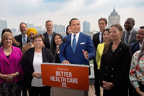 MIKE DEAL / WINNIPEG FREE PRESS
Wab Kinew, leader of the Manitoba NDP, responds to the dropping of the writ during a media event at the West Broadway Commons, 167 Colony Street, Tuesday morning.
230905 - Tuesday, September 05, 2023.