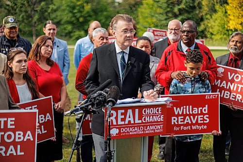 MIKE DEAL / WINNIPEG FREE PRESS
Manitoba Liberal Party Leader, Dougald Lamont, during the party&#x2019;s 2023 Campaign Launch in Parc Comm&#xe9;moratif Elz&#xe9;ar Goulet in St. Boniface, Wednesday morning.
See Danielle DaSilva story
230906 - Wednesday, September 06, 2023.