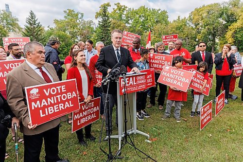 MIKE DEAL / WINNIPEG FREE PRESS
Manitoba Liberal Party Leader, Dougald Lamont, during the party&#x2019;s 2023 Campaign Launch in Parc Comm&#xe9;moratif Elz&#xe9;ar Goulet in St. Boniface, Wednesday morning.
See Danielle DaSilva story
230906 - Wednesday, September 06, 2023.