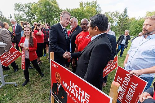 MIKE DEAL / WINNIPEG FREE PRESS
Manitoba Liberal Party Leader, Dougald Lamont, shakes hands with supporters and candidates during the party&#x2019;s 2023 Campaign Launch in Parc Comm&#xe9;moratif Elz&#xe9;ar Goulet in St. Boniface, Wednesday morning.
See Danielle DaSilva story
230906 - Wednesday, September 06, 2023.