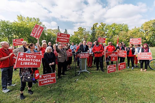 MIKE DEAL / WINNIPEG FREE PRESS
Manitoba Liberal Party Leader, Dougald Lamont, during the party&#x2019;s 2023 Campaign Launch in Parc Comm&#xe9;moratif Elz&#xe9;ar Goulet in St. Boniface, Wednesday morning.
See Danielle DaSilva story
230906 - Wednesday, September 06, 2023.