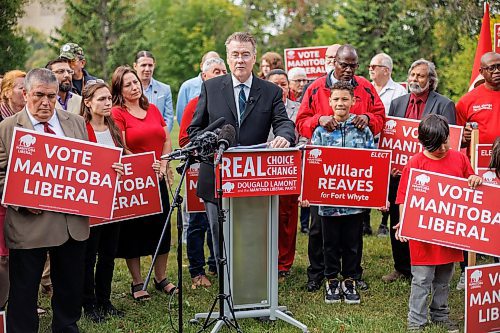 MIKE DEAL / WINNIPEG FREE PRESS
Manitoba Liberal Party Leader, Dougald Lamont, during the party&#x2019;s 2023 Campaign Launch in Parc Comm&#xe9;moratif Elz&#xe9;ar Goulet in St. Boniface, Wednesday morning.
See Danielle DaSilva story
230906 - Wednesday, September 06, 2023.