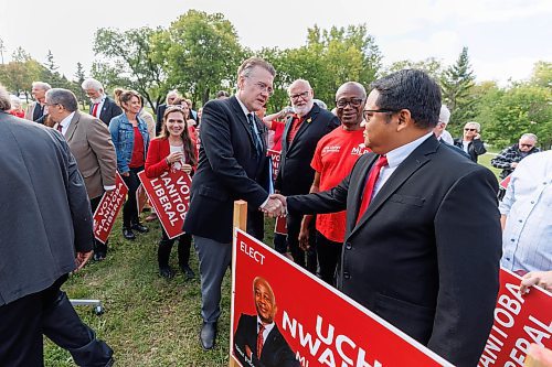 MIKE DEAL / WINNIPEG FREE PRESS
Manitoba Liberal Party Leader, Dougald Lamont, shakes hands with supporters and candidates during the party&#x2019;s 2023 Campaign Launch in Parc Comm&#xe9;moratif Elz&#xe9;ar Goulet in St. Boniface, Wednesday morning.
See Danielle DaSilva story
230906 - Wednesday, September 06, 2023.