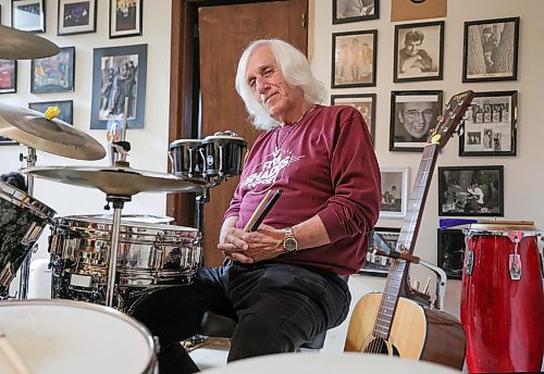 RUTH BONNEVILLE / WINNIPEG FREE PRESS 
Winnipeg drummer Len Fidkalo sits behind his drum kit amid memorabilia chronicling his long, colourful life in the local music scene. 
