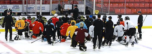 Brandon Wheat Kings head coach and general manager Marty Murray outlines a drill for a large group of players and assistant coaches during Thursday’s practice at Westoba Place. One more player stepped onto the ice soon after when Andrei Maliavan was cleared to join the club. (Photos by Perry Bergson/The Brandon Sun)