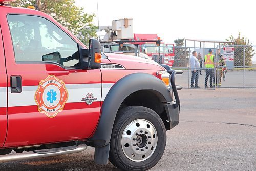 A Brandon Fire and Emergency Services vehicle sits parked outside the Civic Services Complex Thursday evening after the facility was rocked by an explosion. (Kyle Darbyson/The Brandon Sun)