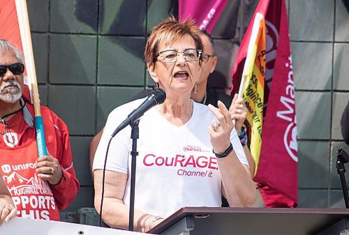 Mike Thiessen / Winnipeg Free Press 
Darlene Jackson, president of the Manitoba Nurses Union. A large crowd of people joined the Save Public Health Care Rally, which went from the corner of Broadway and Main to the Union Centre &#x2013; across the street from the Fort Garry Hotel, where Canada&#x2019;s premiers are staying this week. For Carol Shields. 230711 &#x2013; Tuesday, July 11, 2023