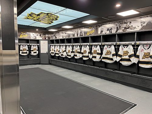 The Brandon Wheat Kings dressing room is shown after it was newly restored following a massive leak in May. The leak was above the ceiling panel that has the Wheat Kings logo. (Perry Bergson/The Brandon Sun)