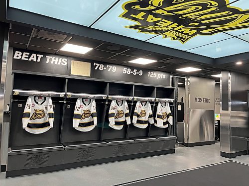 One brick didn't change in the Brandon Wheat Kings dressing room, which Brian Propp wrote on after the team earned 125 points in the 1978-79 season. (Perry Bergson/The Brandon Sun)