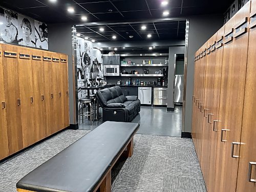 The Brandon Wheat Kings' dry room features lockers for players' clothes and belongings with a small kitchen and television. (Perry Bergson/The Brandon Sun)