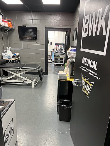 Zach Hartwick's office is located near the entrance to the dressing room by the hitching ring. The medical office can be seen in the background. (Perry Bergson/The Brandon Sun)