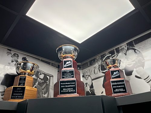 Trophies take up a spot of honour in one corner of the dressing room. (Perry Bergson/The Brandon Sun)