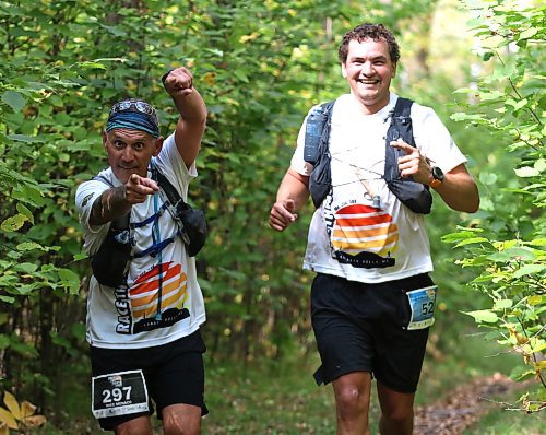 Mike Monaco and Deon Schoeman of Winnipeg ham it up as they approach the finish line of the Race The North Face Brandon Hills on Saturday. (Perry Bergson/The Brandon Sun)
Sept. 9, 2023