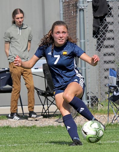 Emilie Dornez of the Brandon University Bobcats passes a ball against St. Boniface during their MCAC women's soccer season opener at the Healthy Living Centre field on Saturday. (Thomas Friesen/The Brandon Sun)