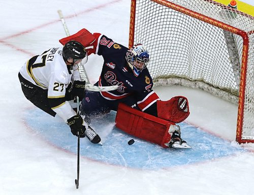 Regina Pats goaltender Ewan Huet (70) makes a save on Brandon Wheat Kings defenceman Luke Shipley (27) during first period action in their Western Hockey League pre-season game at Westoba Place on Saturday. (Perry Bergson/The Brandon Sun)
Sept. 9, 2023