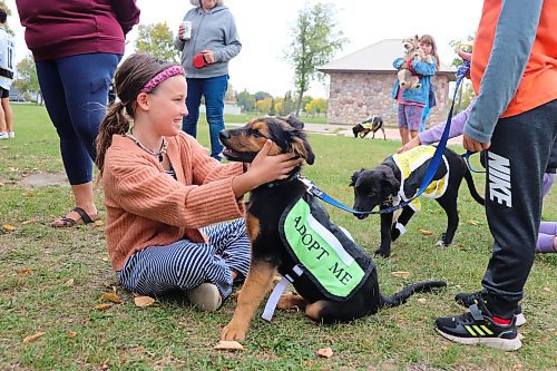 Lola Norosky plays with Mirage (green vest) and her sibling Rio (yellow vest) during the Brandon Humane Society’s 20th Wag-A-Tail Walk-A-Thon, which began at Kin Park on Sunday morning. Mirage and Rio are two of the many animals that are currently up for adoption through the Humane Society. (Kyle Darbyson/The Brandon Sun)