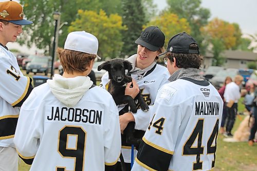 Members of the Brandon Wheat Kings visit Kin Park Sunday morning to take part in this year’s Wag-A-Tail Walk-A-Thon, which is organized by the Brandon Humane Society. (Kyle Darbyson/The Brandon Sun)