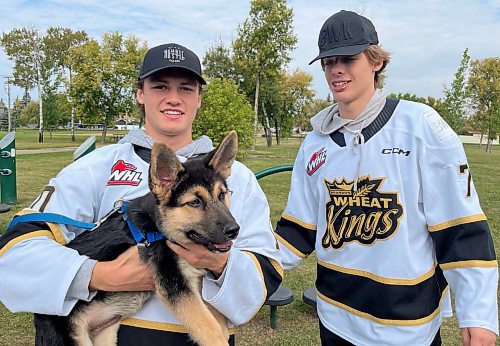 Brandon Wheat Kings Caleb Hadland lifts up former former Brandon Humane Society puppy Fred as Charlie Elick looks on during the annual Wag-A-Tail Walk-A-Thon on Sunday at Kin Park. (Perry Bergson/The Brandon Sun)
Sept. 10, 2023