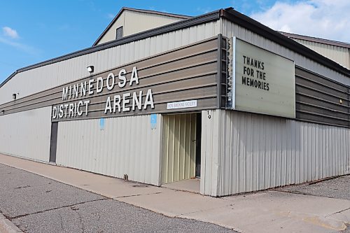 The entrance to the Minnedosa District Arena on Saturday afternoon, around the same time that the new Sunrise Credit Union Centre was being opened to the public. This arena has served as Minnedosa’s main sports and recreation facility since 1947 and is now in the process of being decommissioned.  (Kyle Darbyson/The Brandon Sun)