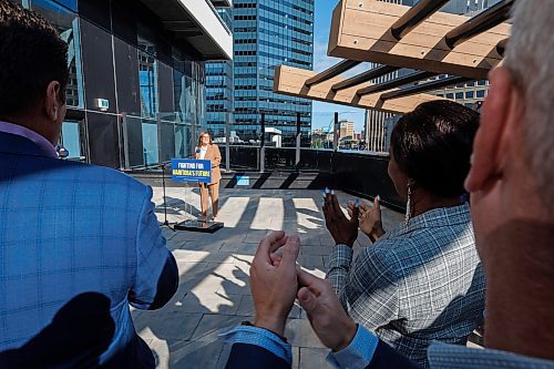 MIKE DEAL / WINNIPEG FREE PRESS
PC Party leader, Heather Stefanson, makes a campaign announcement at new apartment tower at 300 Main Street Monday morning.
See Carol Sanders story
230911 - Monday, September 11, 2023.