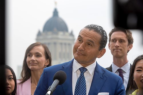 MIKE DEAL / WINNIPEG FREE PRESS
Wab Kinew, leader of the Manitoba NDP, responds to the dropping of the writ during a media event at the West Broadway Commons, 167 Colony Street, Tuesday morning.
230905 - Tuesday, September 05, 2023.