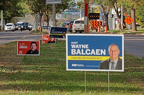 Provincial election signs line the boulevard between the northbound and southbound lanes of 18th Street near Brandon University on Monday. (Tim Smith/The Brandon Sun)