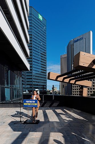 MIKE DEAL / WINNIPEG FREE PRESS
PC Party leader, Heather Stefanson, makes a campaign announcement at new apartment tower at 300 Main Street Monday morning.
See Carol Sanders story
230911 - Monday, September 11, 2023.