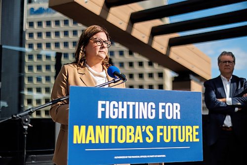 MIKE DEAL / WINNIPEG FREE PRESS
PC Party leader, Heather Stefanson, makes a campaign announcement at new apartment tower at 300 Main Street Monday morning.
See Carol Sanders story
230911 - Monday, September 11, 2023.