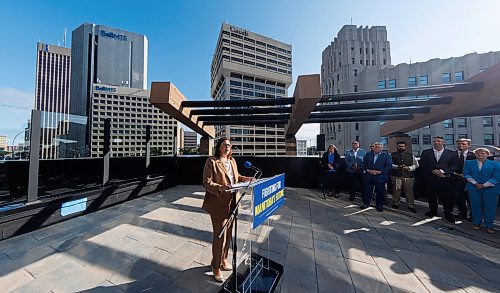 MIKE DEAL / WINNIPEG FREE PRESS
PC Party leader, Heather Stefanson, makes a campaign announcement at new apartment tower at 300 Main Street Monday morning.
See Carol Sanders story
230911 - Monday, September 11, 2023.