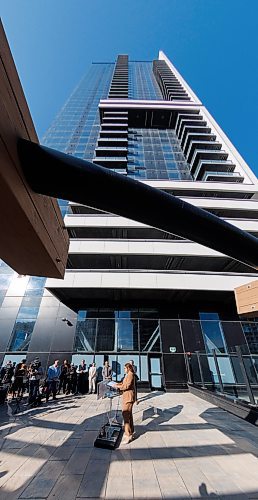 MIKE DEAL / WINNIPEG FREE PRESS
PC Party leader, Heather Stefanson, makes a campaign announcement at new apartment tower at 300 Main Street Monday morning.
See Carol Sanders story
230911 - Monday, September 11, 2023.