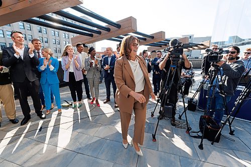 MIKE DEAL / WINNIPEG FREE PRESS
PC Party leader, Heather Stefanson, greets her team as she makes a campaign announcement at new apartment tower at 300 Main Street Monday morning.
See Carol Sanders story
230911 - Monday, September 11, 2023.