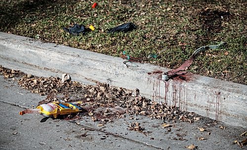 JOHN WOODS / WINNIPEG FREE PRESS
Blood and medical equipment photographed outside 285 College in Winnipeg Monday, September 11, 2023. Winnipeg&#x2019;s latest murder occurred at this North End location 

Reporter: eric