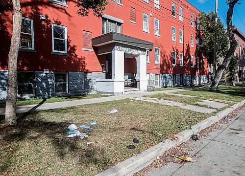 JOHN WOODS / WINNIPEG FREE PRESS
Blood and medical equipment photographed outside 285 College in Winnipeg Monday, September 11, 2023. Winnipeg&#x2019;s latest murder occurred at this North End location 

Reporter: eric