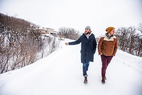 MIKAELA MACKENZIE / WINNIPEG FREE PRESS

Brett Sheffield (left) and Justin LeBlanc walk through the Castleview Developments property, a 104 acre lot on Pelican Lake, in Manitoba on Tuesday, Jan. 24, 2023. They are planning on creating cabins, a wedding venue/corporate retreat, trails, and other amenities. Winnipeg Free Press 2023.