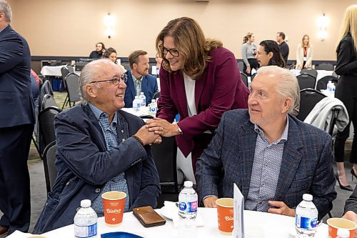 MIKE DEAL / WINNIPEG FREE PRESS
Premier Heather Stefanson (PC), Opposition Leader Wab Kinew (NDP) and Liberal Leader Dougald Lamont take part in the Manitoba Heavy Construction Association&#x2019;s Party Leaders Forum at the Holiday Inn Express, 1740 Ellice Avenue, early Tuesday morning.
See Gabby Piche story
230912 - Tuesday, September 12, 2023.