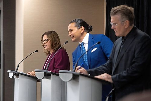 MIKE DEAL / WINNIPEG FREE PRESS
Premier Heather Stefanson (PC), Opposition Leader Wab Kinew (NDP) and Liberal Leader Dougald Lamont take part in the Manitoba Heavy Construction Association&#x2019;s Party Leaders Forum at the Holiday Inn Express, 1740 Ellice Avenue, early Tuesday morning.
See Gabby Piche story
230912 - Tuesday, September 12, 2023.