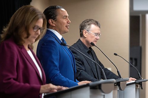 MIKE DEAL / WINNIPEG FREE PRESS
Premier Heather Stefanson (PC), Opposition Leader Wab Kinew (NDP) and Liberal Leader Dougald Lamont take part in the Manitoba Heavy Construction Association&#x2019;s Party Leaders Forum at the Holiday Inn Express, 1740 Ellice Avenue, early Tuesday morning.
See Gabby Piche story
230912 - Tuesday, September 12, 2023.