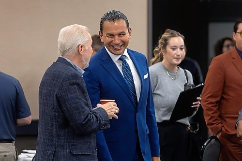 MIKE DEAL / WINNIPEG FREE PRESS
Premier Heather Stefanson (PC), Opposition Leader Wab Kinew (NDP) and Liberal Leader Dougald Lamont take part in the Manitoba Heavy Construction Association&#x2019;s Party Leaders Forum at the Holiday Inn Express, 1740 Ellice Avenue, early Tuesday morning.
See Gabby Piche story
230912 - Tuesday, September 12, 2023.